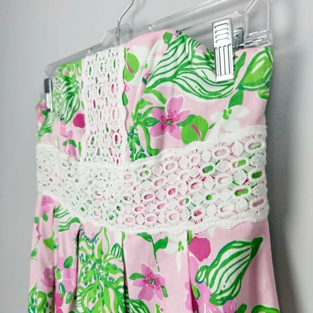LILLY PULITZER | Floral Strapless Pink Green Dress Lace Trim Women’s Size 2 - Picture 3 of 9